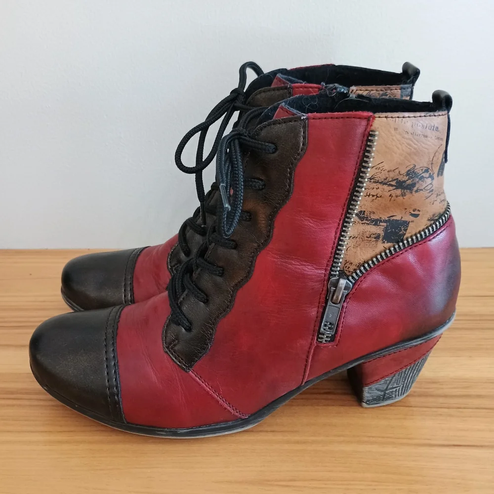 Remonte Dorndorf Red Heeled Leather Lace up Booties Boots Side Zip Womens 37